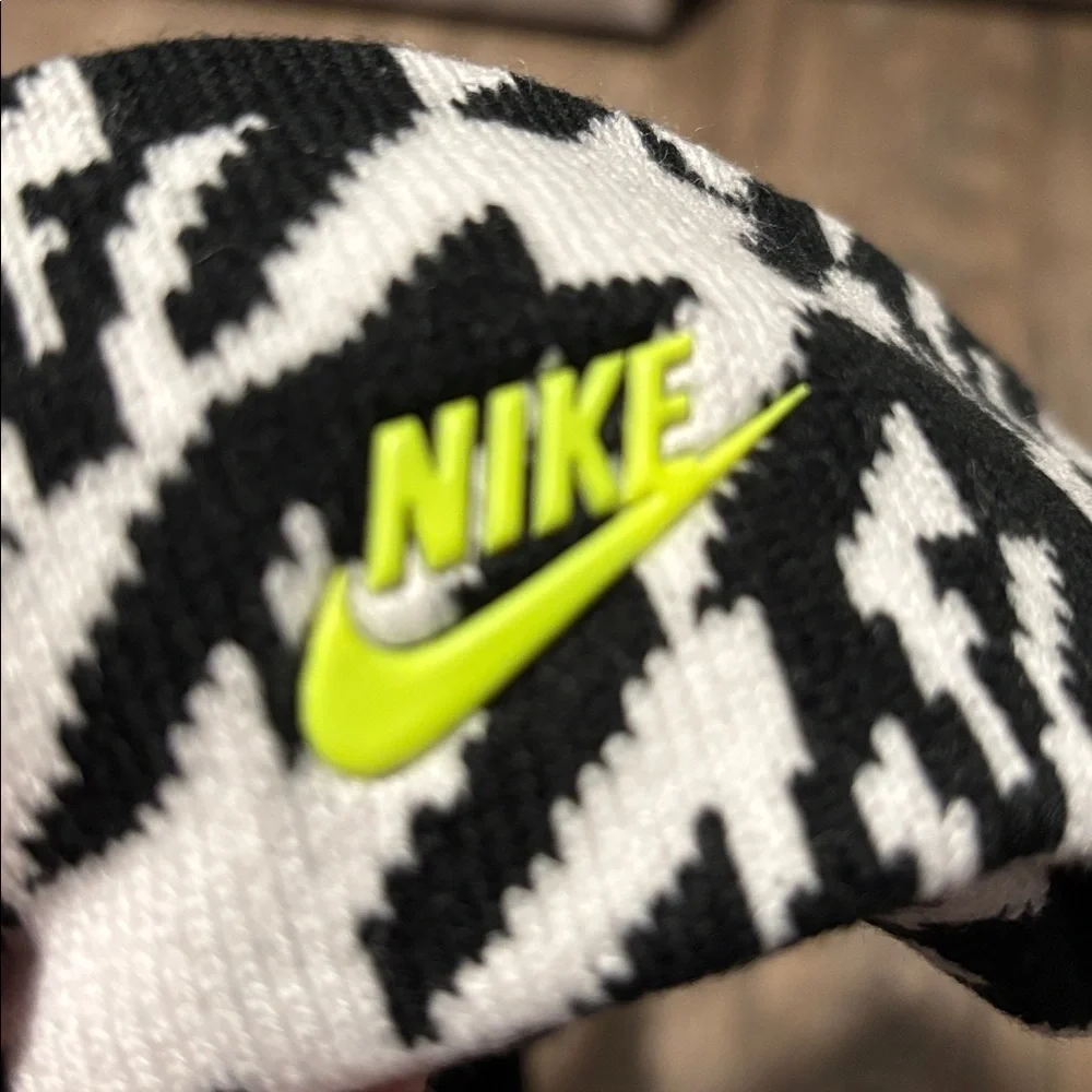 Nike 2pc. Knit Cuffed pom-pom beanie,touch screen gloves,pattern,neon green logo